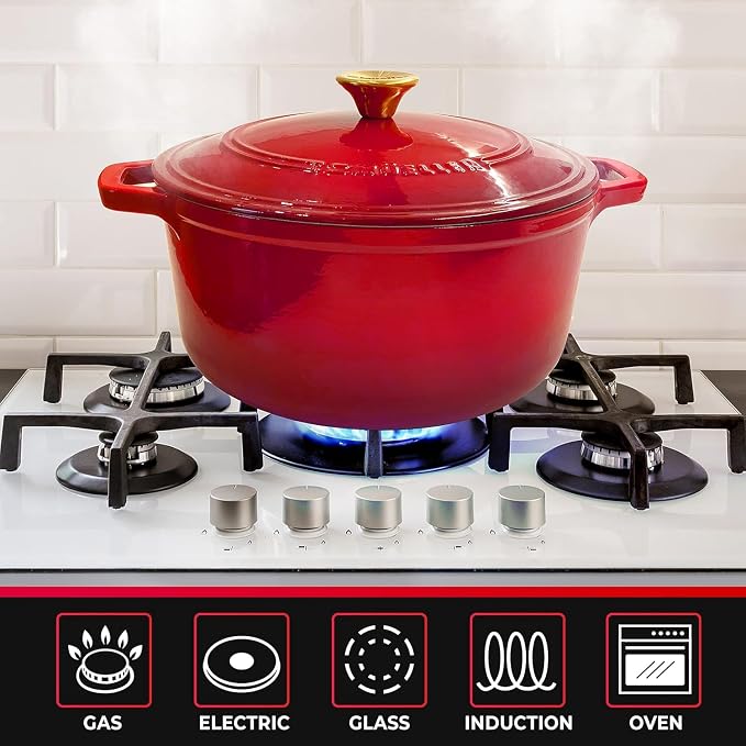 MUELLER HOME 4.5 QT Enameled Cast Iron Dutch Oven, Heavy-Duty Casserole Dish and Braiser Pan with Lid and Stainless Knob, Oven-Safe up to 500° F & Across All Cooktops, Red