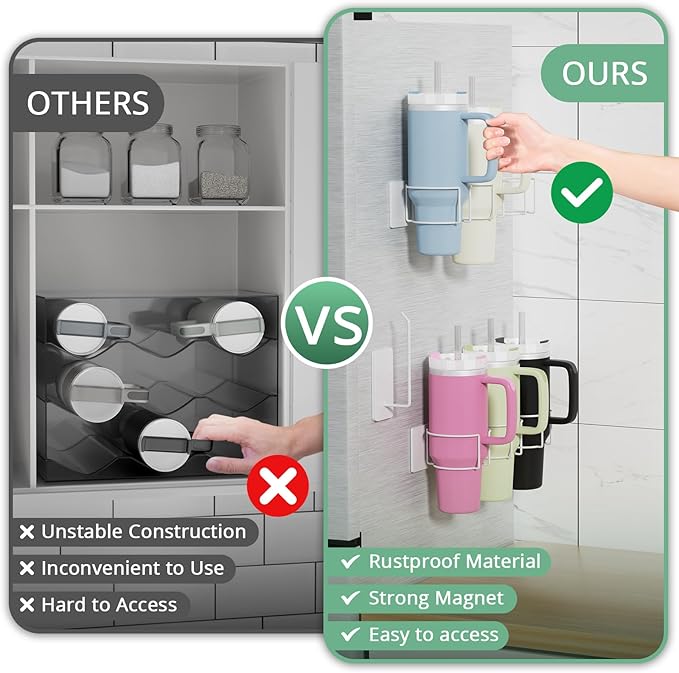 Magnetic Stanley Cup Holder for Refrigerator, Water Bottle Organizer for Stanley 40 oz with Tumbler Lid Organizer, Kitchen Pantry Organizers and Storage for Stanley Cup Accessories