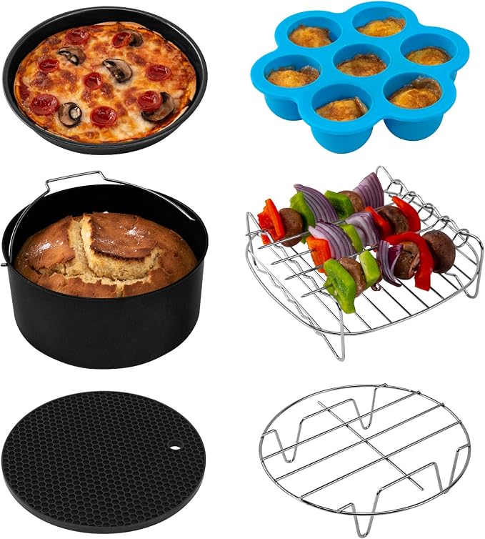 COSORI Air Fryer Accessories, Set of 6 Perfect for Most 5.0 Qt and Larger Ovens, Cake & Pizza Pan, Metal Holder, Rack & Skewers, etc, BPA Free, Nonstick, Dishwasher Safe, 5.8 QT, Black