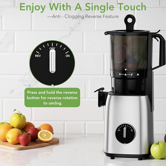 Electactic Cold Press Juicer with Stainless Steel Base, 5.4 Inch Wide Feed Chute, Juicer Machines For Whole Fruits & Vegetables, Slow Masticating High Yield Juice Makers