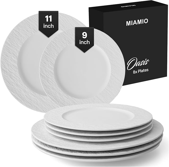 MIAMIO - Set of 8 Dinner Plates, 4x Small Plates (9 inch), 4x Big Plates (11 inch), / 8-piece Ceramic Plate Set, Stoneware Crockery Set - Microwave & Dishwasher Safe - Oasis Collection (White)