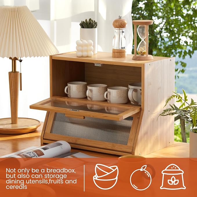 GHWIE Double Layer Bamboo Bread Box for Kitchen Counter,Large Capacity Bread Storage Bin,Bread Container with Acrylic Wavy Door Panel (Natural, Medium)