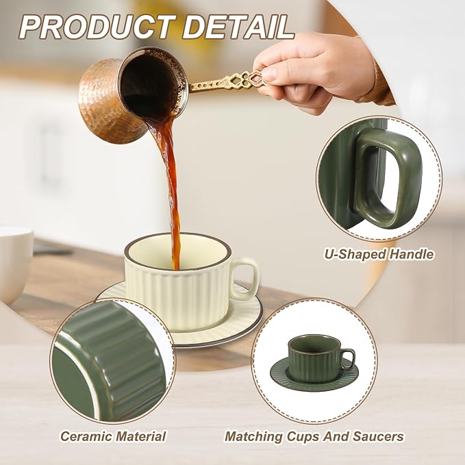 uxcell Handmade Vintage Espresso Cups, 8 oz Coffee Cups and Saucers Ceramic Tea Cup with Handle Dishwasher and Microwave Safe for Latte Cappuccino Milk Office Home Gifts, Green