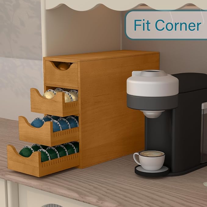 Suli Coffee Pod Holder, Coffee Capsule Storage Organizer, Save Space Coffee Pod Organizer for Countertop, Extra Large Storage Rack with Drawer, 4 Tier,104 Pods,Wood,Brown