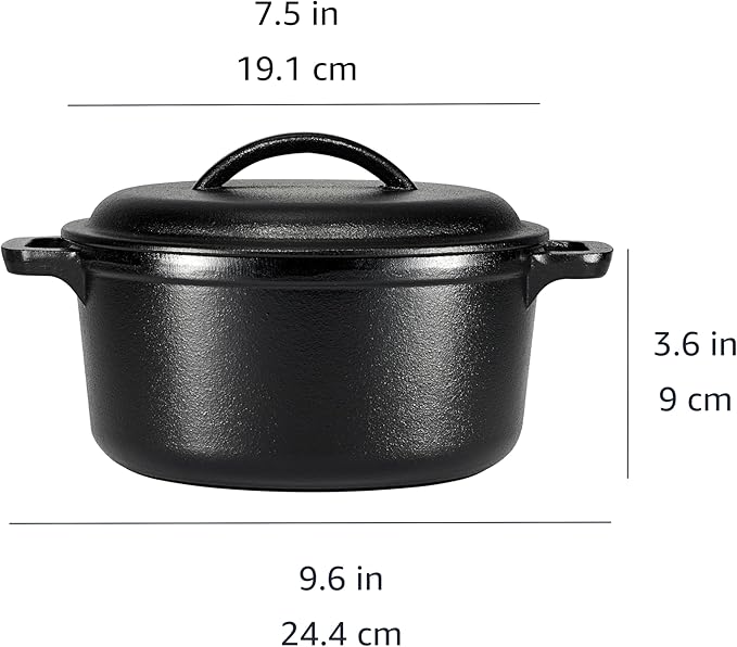 Amazon Basics Round Pre-Seasoned Cast Iron Mini Dutch Oven Pot with Lid and Dual Handles, 2-Quart, Black
