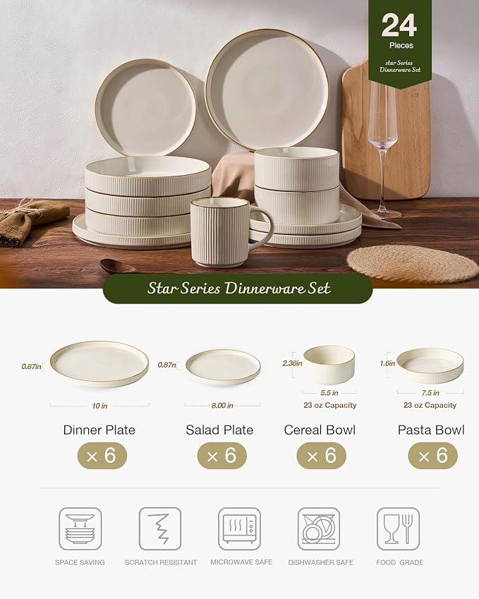 Famiware Star 24-Piece Stoneware Dinnerware Set with Trim, Service for 6 - Shallow Pasta Bowls & Flat Plates, Dishes for Everyday & Formal Use, Chip/Scratch Resistant, Microwave/Dishwasher Safe, White