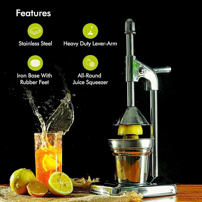 Cast Iron Juicer Hand Press, Heavy Duty Countertop Lime Citrus Crush, Self-Weighted Pressure Rod, Professional Heavy Duty Hand Press with Non Skid Cup Base for Home and Kitchen