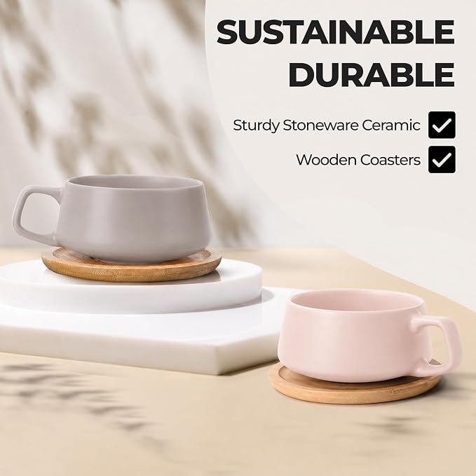 MIAMIO – 11 Oz., Set of 4 Ceramic Tea Cup and Saucer Bamboo/Tea Mug - Wide Cappuccino Cup, Coffee Cups Ceramic Mug for Cappuccino, Latte, Espresso & Americano - Luxe Collection (Cream Rose)