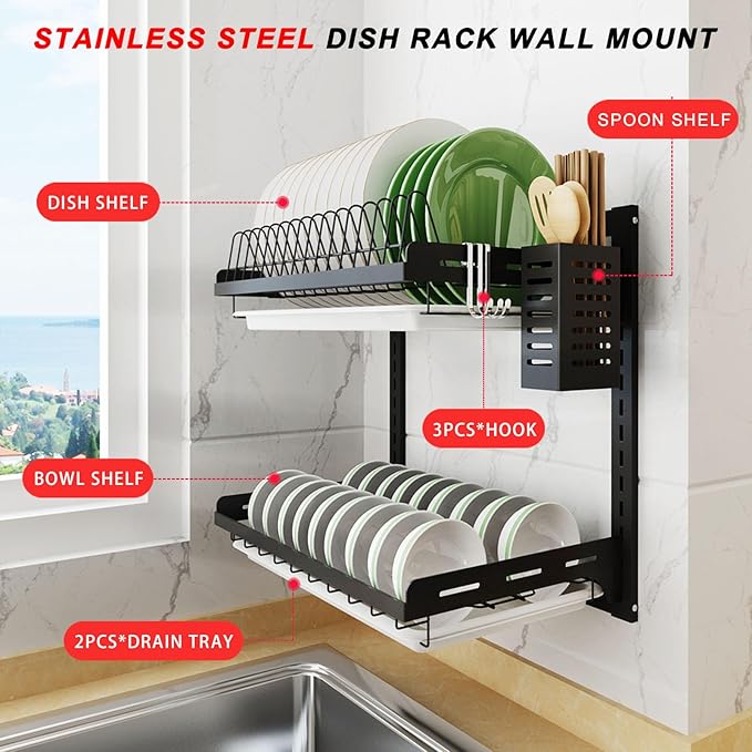 Hanging Dish Drying Rack, Wall Mounted Dish Rack Kitchen, 2 Tier Plate Organizer Wall Mount, Stainless Steel Dish Drainer Storage Shelf with Drainboard, Cutlery Holder, Black, Ajustable Height ( 16" )