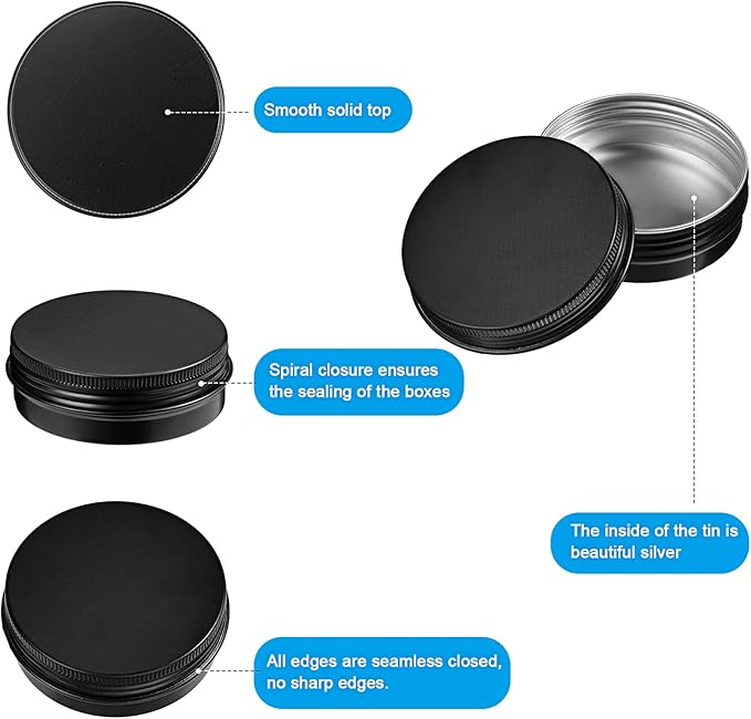 Patelai 2 oz Black Metal Round Tins Aluminum Tin Cans Salve Tins Containers with Screw Lid 10 Sheets Stickers for Salve Spice Candies Balms Candles, 36 Pack (Classic Style)