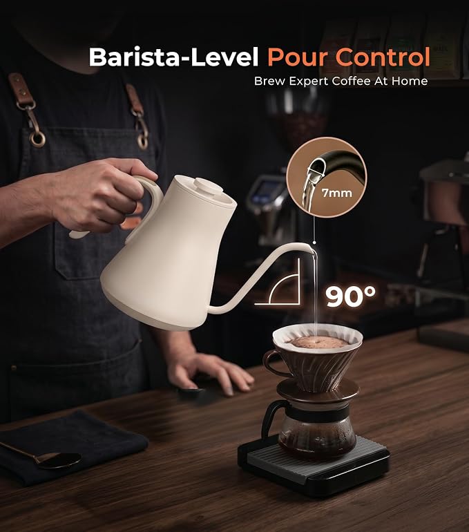 Epeios Electric Kettle, Gooseneck Electric Kettle with ±1°F Temperature Control, 1200W Rapid Heating for Pour Over Coffee & Tea, 304 Stainless Steel Interior, Auto Shut-Off, 0.9L, Cream White