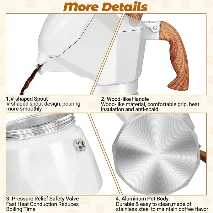 3 Cup Aluminum Moka Pot Classic Stovetop Espresso Coffee Maker 150ml 5oz Coffeemaker Percolator Mocha Pot Greca Coffee Maker Cafe Makers for Italian and Cuban Café Brewing White