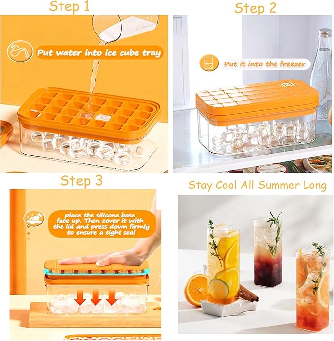Effortless Ice Cube Tray, One-Second Release Ice Maker with Large Storage Bin and Ice Scoop, 2-Pack Stackable Silicone Trays Makes 56 Cubes, Odor-Free & Space-Saving for Cocktails & Coffee