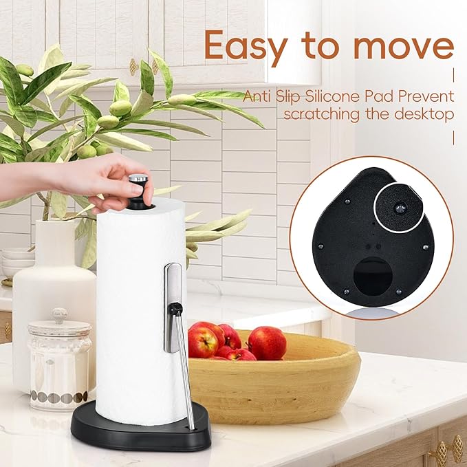 Dailyart Paper Towel Holder with One Hand Tear, Tension Arm & Non-Slip Weighted Base - Stainless Steel Kitchen Counter Stand for Paper Roll, Silver