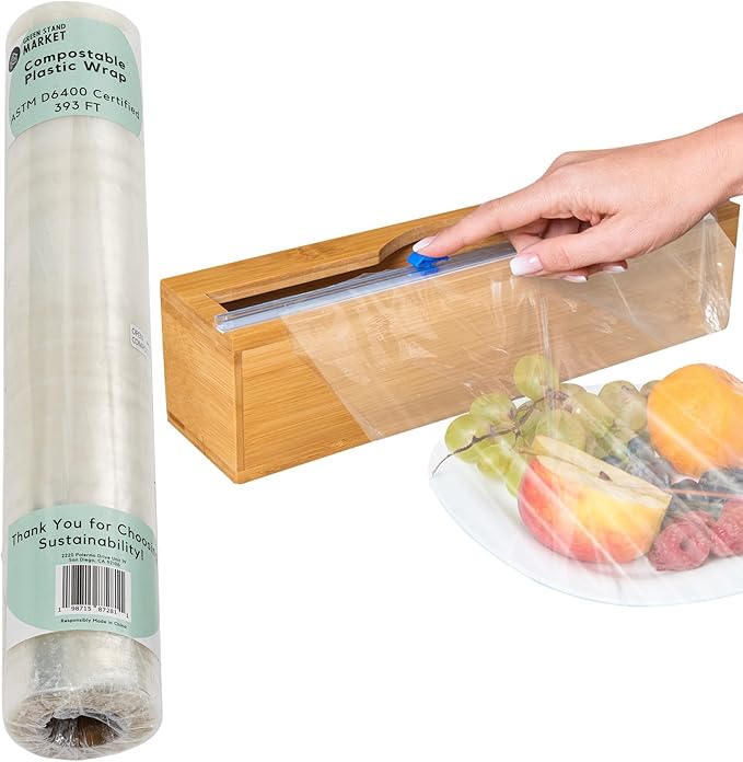 Compostable Plastic Wrap for Food with Dispenser & Cutter – 400 Sq Ft Roll, ASTM D6400 Certified
