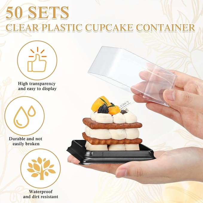 Honeydak Clear Cake Containers Mooncake Boxes with Lids, Wedding Dessert Cupcake Box with Forks, Thank You Tags Eucalyptus Leaves, Mini Cake Packaging for Wedding Favors Birthday Party(Black,50 Sets)