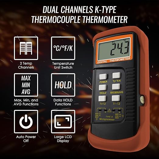 K Type Thermocouple Thermometer (-50~1300°C), Dual Channels Digital Thermometer with 2 Temperature Clamp 2 Wired Thermocouple Probes, High Accuracy Temperature Kelvin Scale Meter Tester