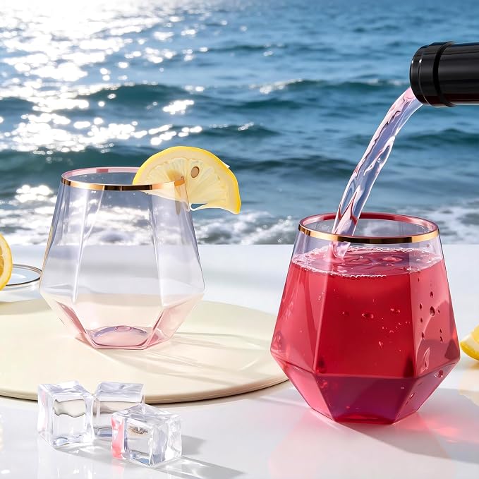Goodluck 40 PCS Diamond Stemless Plastic Pink Wine Whiskey Glasses, 12 Oz Disposable Cocktail Glasses, Suitable for Weddings, Birthday Parties, Family Gatherings, Bars, etc (Rose Gold rimmed cups)