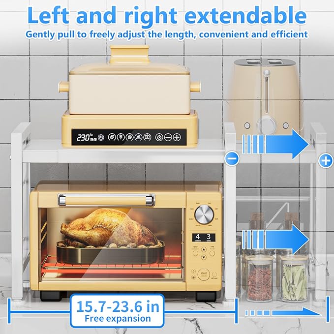 YIUKEA Over the Microwave Shelf - Adjustable Countertop Stand 2 Tier Rack (L15.723.6" xW12.8 xH17.7) with Spice Organizer and 6 Hooks for Kitchen White