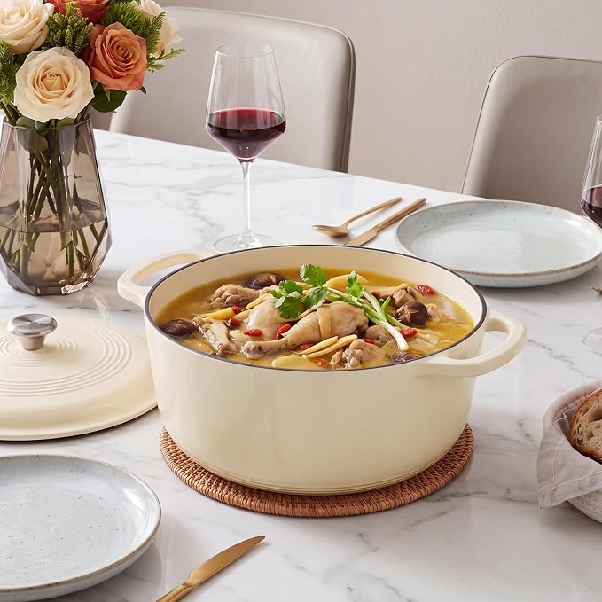 DUMOS Cast Iron Dutch Oven, 6 Quart Pot with Lid, Enameled Heavy Duty Cookware, Oven Safe to 500°F, Perfect for Bread Baking, Stews and Roasting, Moisture Sealing Lid with Dual Handles, Beige