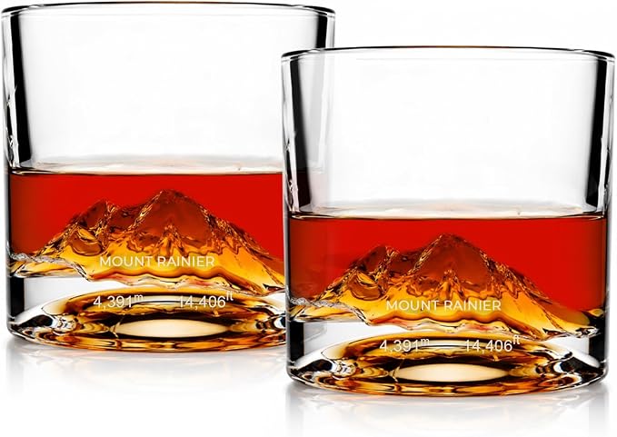 LIITON Mount Rainier Heavy Crystal Whiskey Glasses Gift Set of 2, Thick Freezable Bourbon Glass 1lb Each, Premium Whiskey Gifts for Men, Frozen Crystal Chills Cocktails Collins Glass, 10 oz