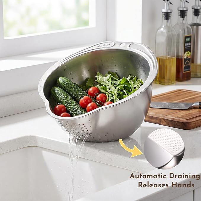 2 Pack Rice Washer Strainer Bowl, Stainless Steel Colander with Side Drainers for Quinoa, Fruit Kitchen Washing Bowl for Cleaning Vegetables, Beans, Pasta