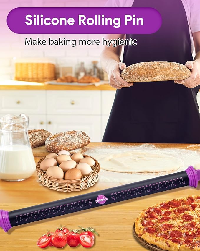 Silicone Rolling Pin with Thickness Rings, Adjustable Designs for Fondant, Cookie Decorating, Pasta, Pizza, 23.6 inch Purple Large Long Pin