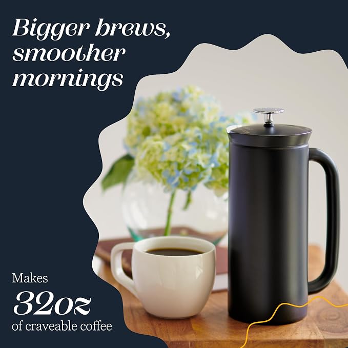 ESPRO Pro P7 French Press Stainless Steel 304 – Patented Double Walled Micro-Filter Insulated French Press Coffee Maker, Grit-Free Brew - Heat Resistant BPA Free Coffee Maker - Matte Black - 32oz