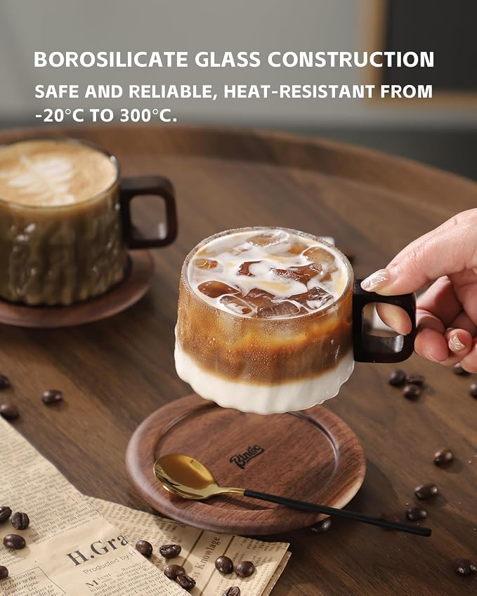 Bincoo Japanese Style Glass Coffee Cups with Walnut Wood Saucer, 7.8oz/230ML Borosilicate Glass Mugs with Handles, Elegant Gift Set for Coffee Lovers,Smoke