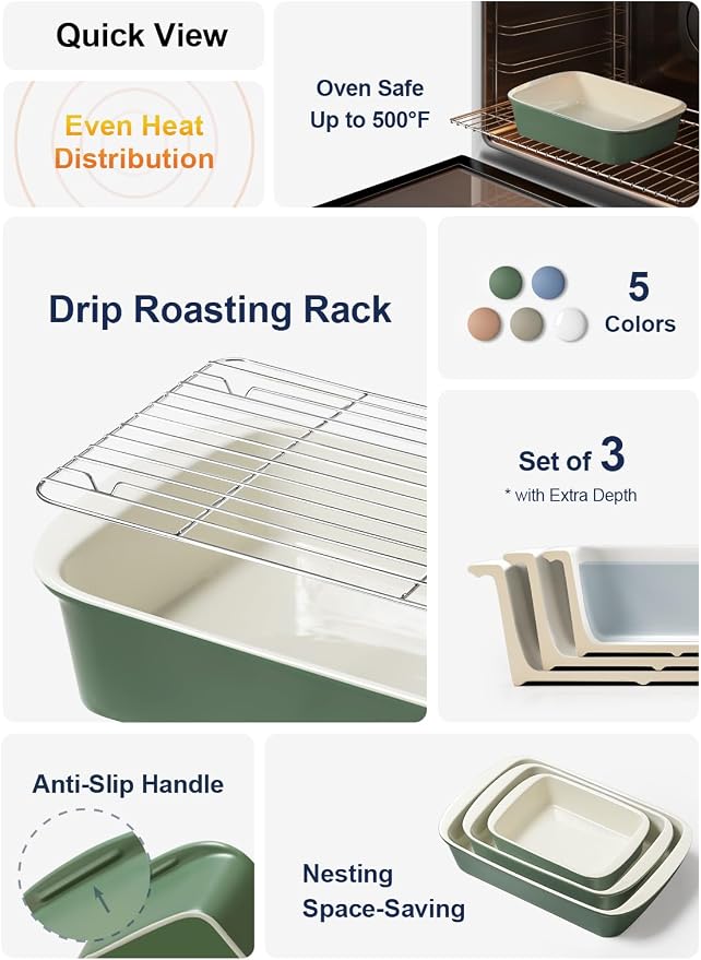 LE TAUCI Deep Casserole Dishes for Oven, 13.7”x9.6” Ceramic Baking Dish Set with Roasting Racks, Large Lasagna Pans with Handles, Rectangular Bakeware as Gift for Mom, Forest Green (4.6QT/3.0QT/1.6QT), Set of 3