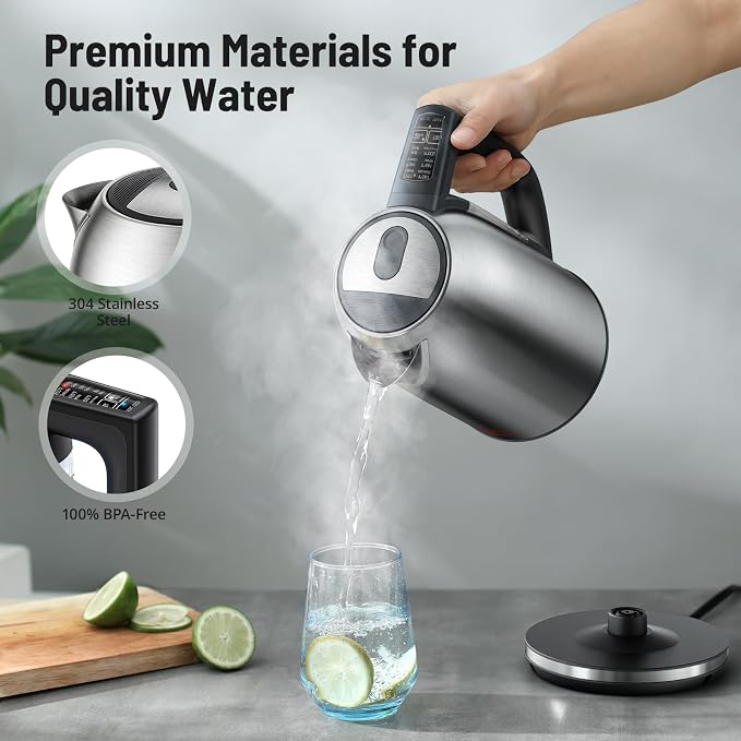 Electric Tea Kettle, 6 Precise Temperature Presets 1.7L Stainless Steel Electric Kettle Temperature Control,1500W Fast Boiling Hot Water for Oolong & Green Tea with Strix Control