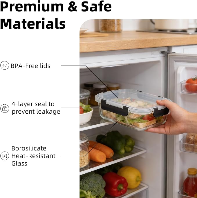 Konokyo Rectangular Glass Food Storage Containers with Lids, 24 Pack Airtight Leakproof Meal Prep Containers, BPA-Free, Microwave Oven Freezer & Dishwasher Safe, Assorted Sizes