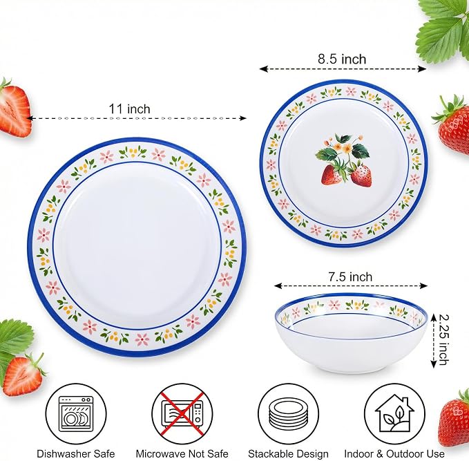 12-Piece Melamine Dinnerware Set - Unbreakable Dish Set， Indoor and Outdoor Plates and Bowls Sets for Perfect for Picnics, Camping, RV, and Beach Parties， Service for 4（Strawberry）