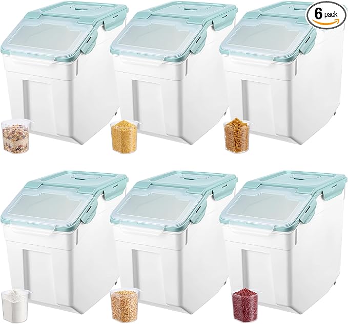 Sunnyray Flour Storage Container Bin,Rice Storage Containers with Wheels Seal Locking Lid, BPA Free with Measuring Cup Scoop for Rice Grain Pet Food Flour (55 Lbs,Blue,6 Pcs)