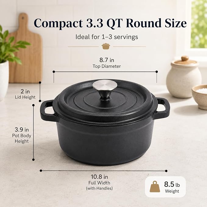 Enameled Cast Iron Dutch Oven with Lid, 3.3 QT Round Dutch Oven Pot, Matte Black Small Dutch Oven for Soup, Stew, Braising & Baking, Oven Safe to 500°F, Works on Induction, Gas & Electric