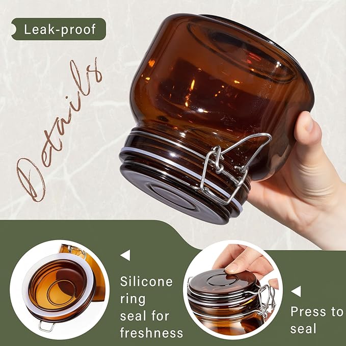 Norme 6 Pack 25oz Amber Airtight Glass Jars with Lids, Square Food Storage Container Airtight Food Wire Clip Fastening for Sauerkraut Flour Kitchen Sugar Cereal Kitchen Canning Pickling Mason Jars