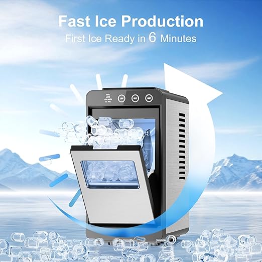 Kismile Ice Maker Countertop, 26Lbs/24H Ice Maker with 2 Sizes Bullet Ice, Interior Light, Self-Cleaning, Fast 8 Cubes in 6 Mins, Compact Ice Maker for Kitchen, RV, Personal Use, Stainless Steel