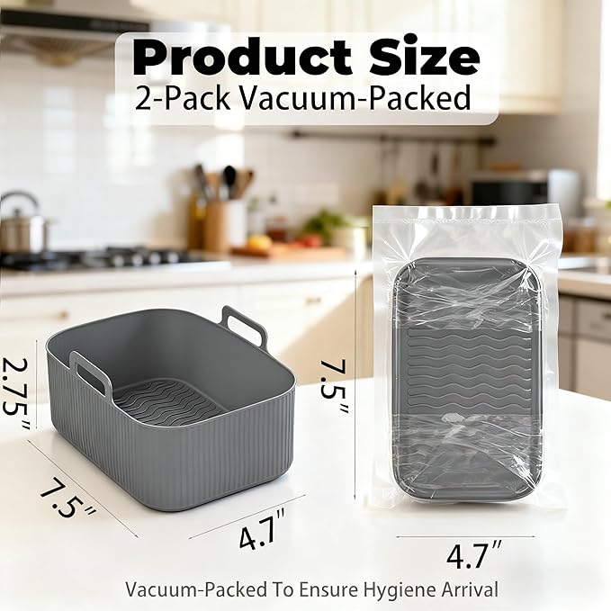 Silicone Air Fryer Liners for Ninja - Reusable DZ201 8QT Dual Basket - Rectangular 2-Pack Vacuum-Packed Easy-Clean Dishwasher-Safe Food-Safe for Home Chefs - Housewarming Gifts