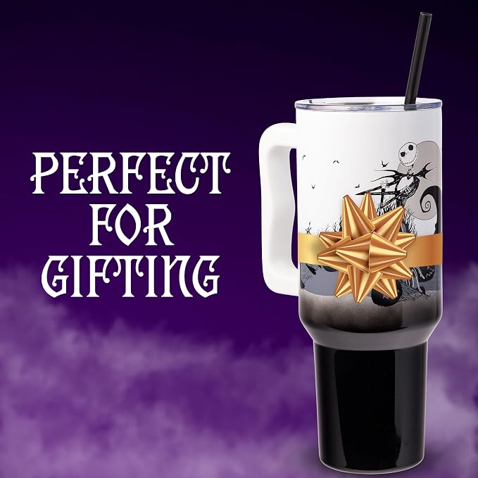 Silver Buffalo Disney Nightmare Before Christmas by Tim Burton Jack Skellington Hill and Moon Double Walled Stainless Steel Tumbler with Handle and Straw, Fits in Standard Cup Holder, 40 Ounces