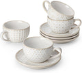 MALACASA 6 OZ Cappuccino Cups with Saucers Set of 4 - Ceramic Stackable Tea Cups and Saucers, Embossment Coffee Mugs for Tea, Latte and Mocha, Dishwasher Safe, Arctic white, LYDIA Series