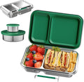 Stainless Steel Bento Box for Adults, 22.6 oz Compact 2-Compartment Metal Lunch Box with 2 Containers, BPA-Free Portion Control Food Container for Work and Travel, Dishwasher Safe(Green)