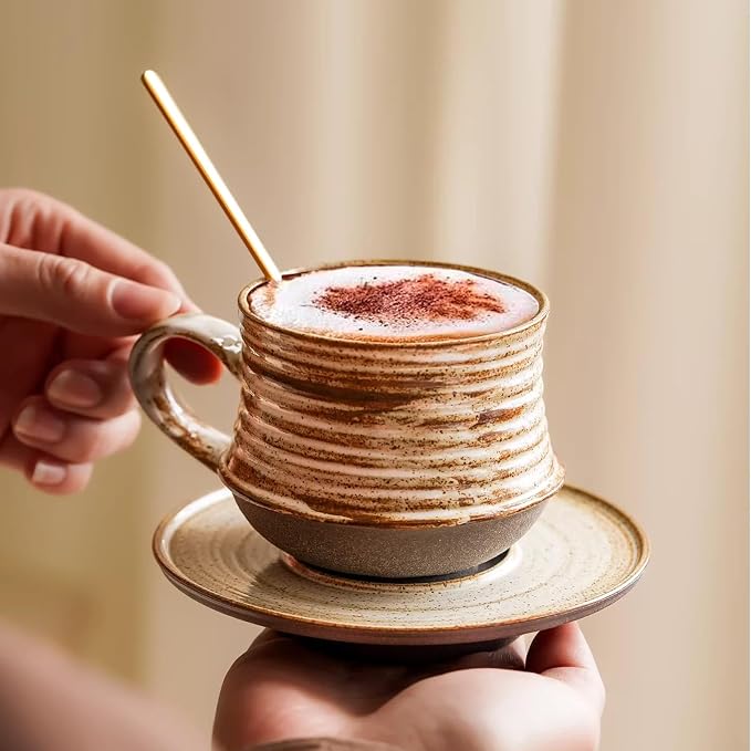 210ml Ceramic Mug Saucer Set Home Wabi Sabi | retro, artisan, original design, minimalist, durable, latte, afternoon tea