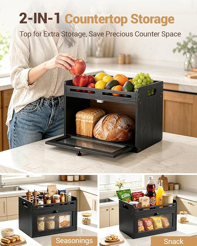 Bread Box for Kitchen Countertop, Bamboo Bread Storage Container with Raised-Rail Top Shelf and Acrylic Window, Farmhouse Breadbox Organizer for Pantry, Fruit, Spices, Black