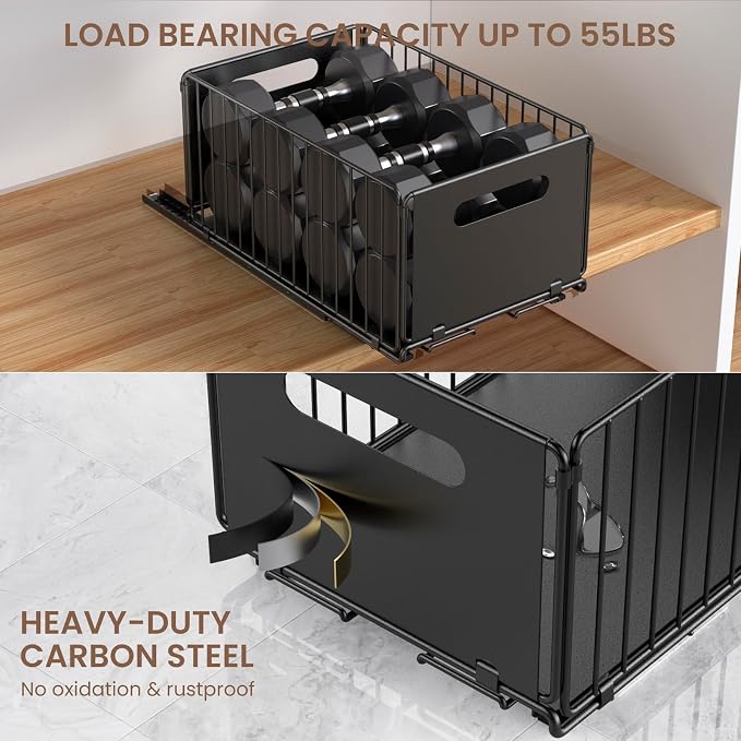 2 Pack Pull Out Cabinet Organizer, Heavy Duty Slide Out Drawer with No Drill Adhesive or Screw Mount, Carbon Steel Roll Out Shelf for Kitchen Cabinet, Pantry & Bathroom Storage