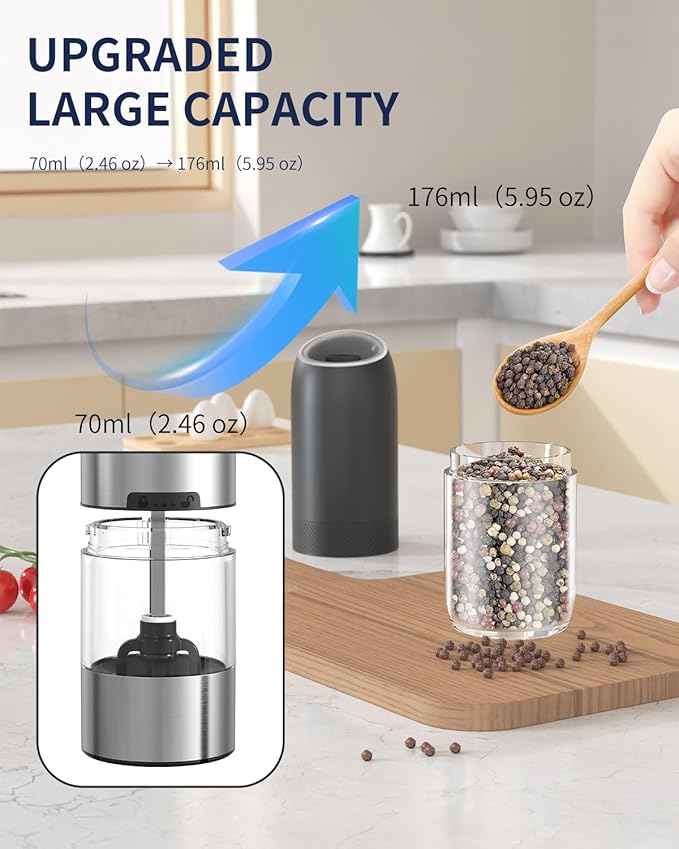 CIRCLE JOY Gravity Electric Salt and Pepper Grinder Set, Battery Powered Automatic Pepper Mills with Adjustable Coarseness, One Hand Operation, 176ml Large Container, Black - Includes 8 Batteries