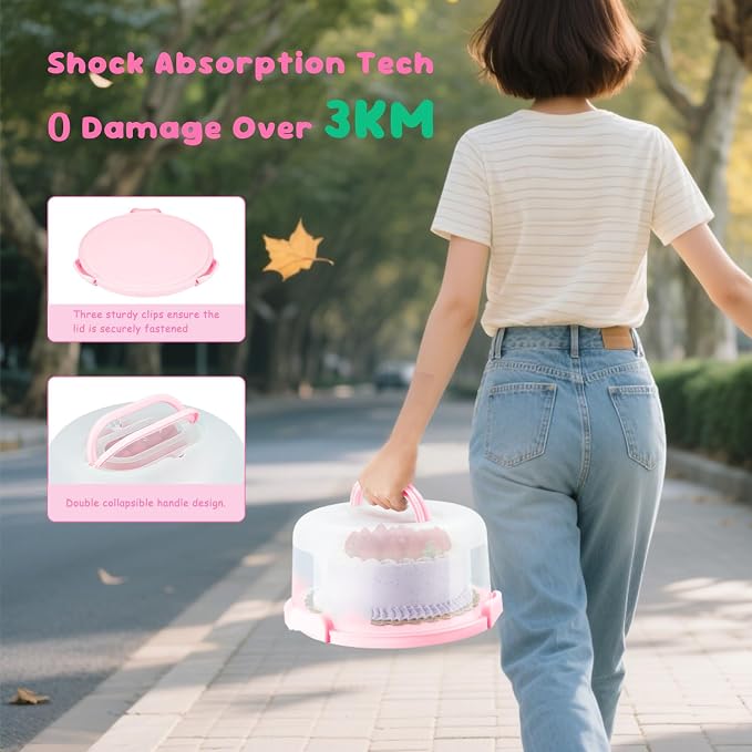 Cake Carrier With Lid And Handle, Bpa-Free Cake Holder With Lid For 10 Inch Round Cake Carrier With 10 pcs Round Golden Cake Boards And Portable Insulated Bag（Pink）