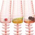 Jingmore Ribbed Martini Glasses 10 oz Disposable Plastic Vintage Ribbed Coupe Glasses with Gold Rim Cocktail Unbreakable Dessert Parfait Glassware for Wedding Party Supplies(Pink,24 Pcs)