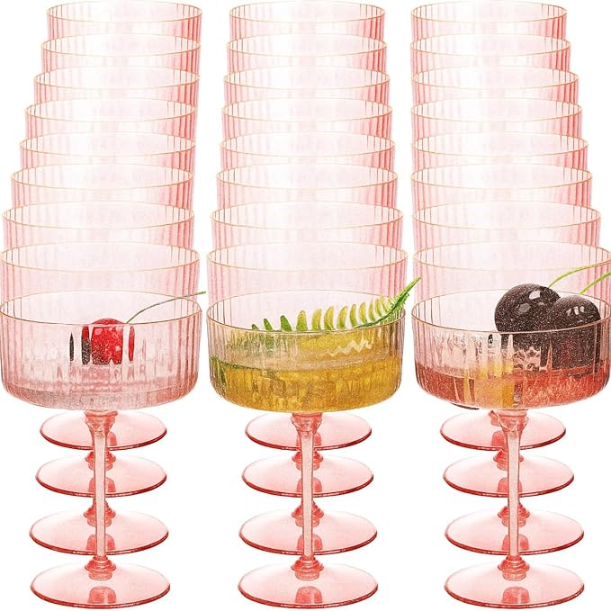 Jingmore Ribbed Martini Glasses 10 oz Disposable Plastic Vintage Ribbed Coupe Glasses with Gold Rim Cocktail Unbreakable Dessert Parfait Glassware for Wedding Party Supplies(Pink,24 Pcs)