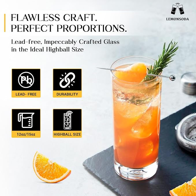 LEMONSODA Highball Glass Set | 15oz Set of 12 | Lead-Free Glass with Heavy Base | Dishwasher Safe Cocktail Glasses for Mojito Whiskey Iced Tea | Gift Box Included | Modern Durable Bar Glassware