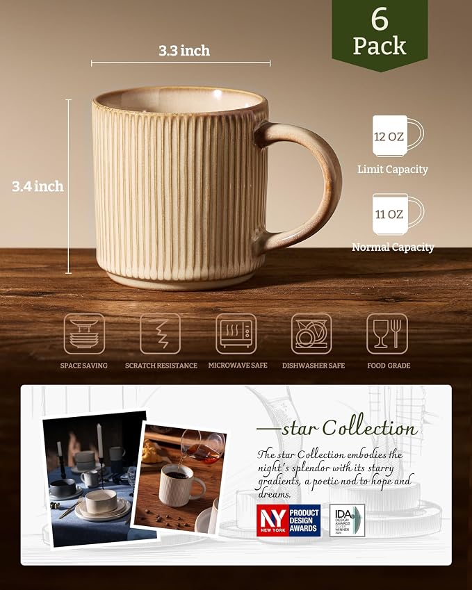 famiware Coffee Mug Set for 6, Star 12 oz Catering Mugs Cup Set with Handle for Coffee, Tea, Cocoa, Milk - Ceramic Stoneware Drinkware Set, Cream